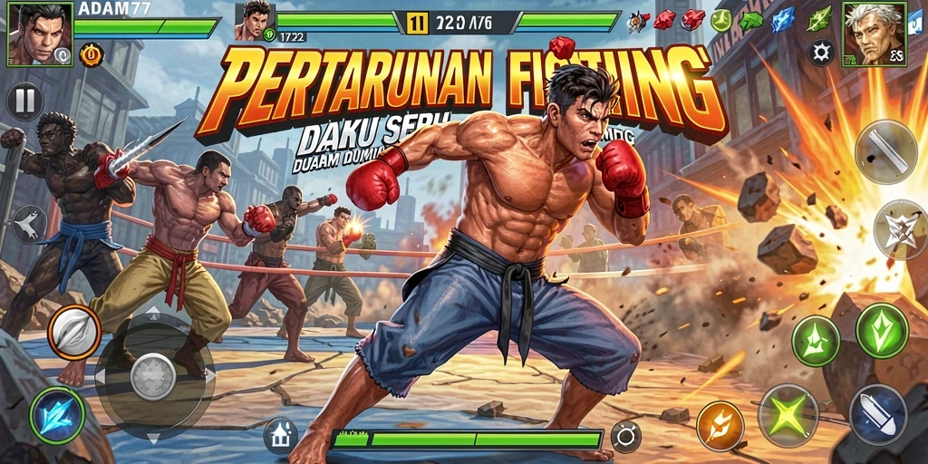 Tangkapan layar gameplay ADAM77 yang menunjukkan pertarungan seru antara karakter.