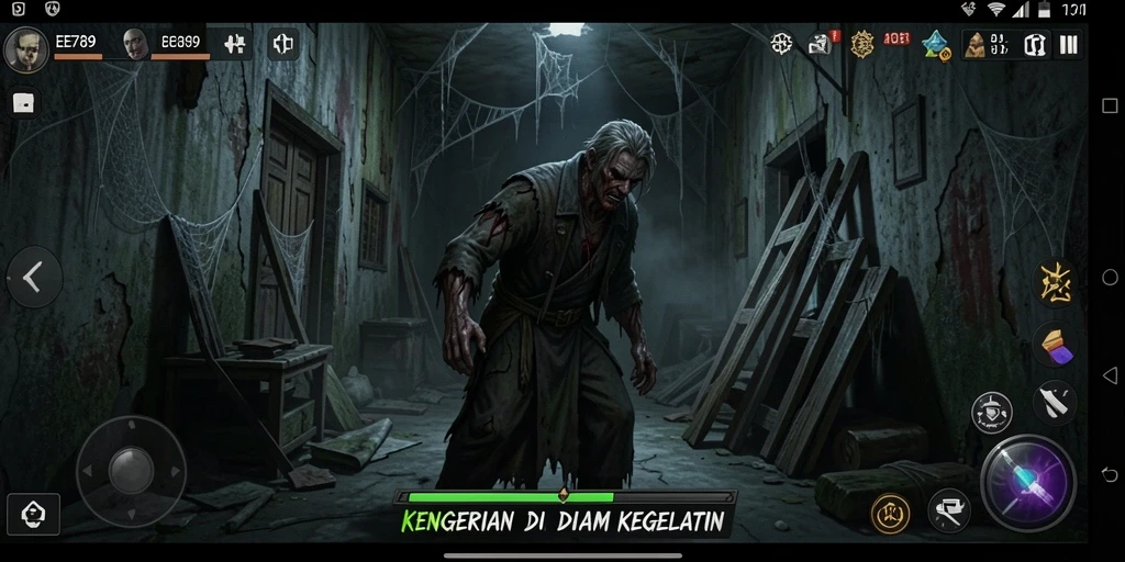 Gameplay EE789 dengan suasana mencekam dan grafis menakutkan.