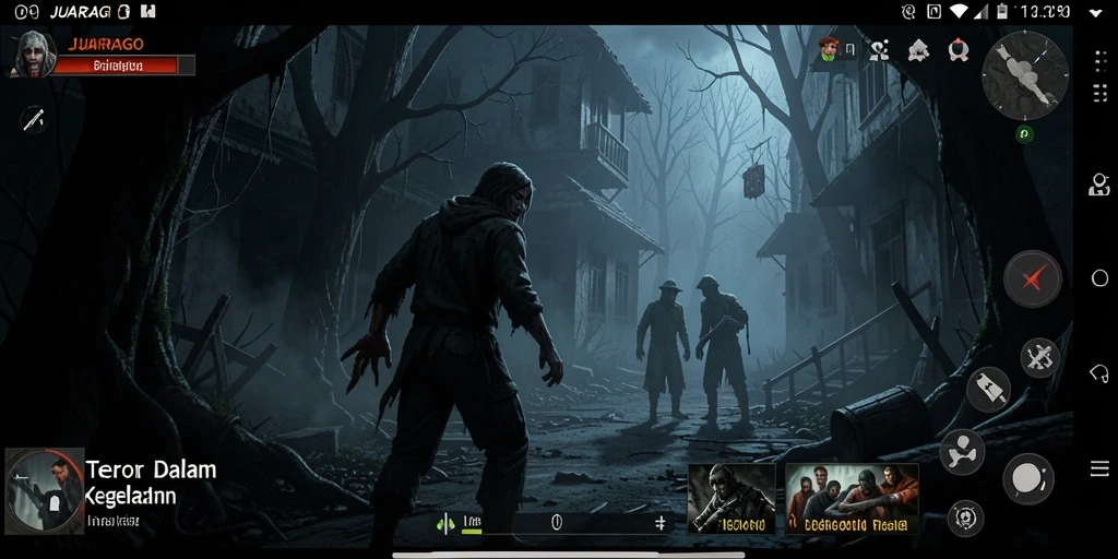 Tampilan gameplay JUARAGO menampilkan suasana menyeramkan yang intens.