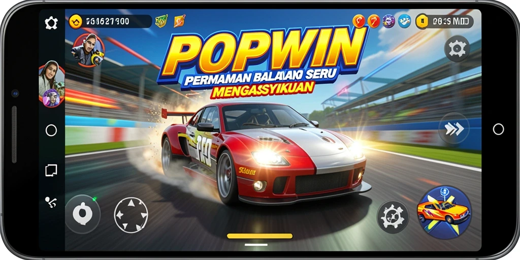 Screenshot utama POPWIN menampilkan aksi balapan yang mendebarkan dengan mobil berkecepatan tinggi.