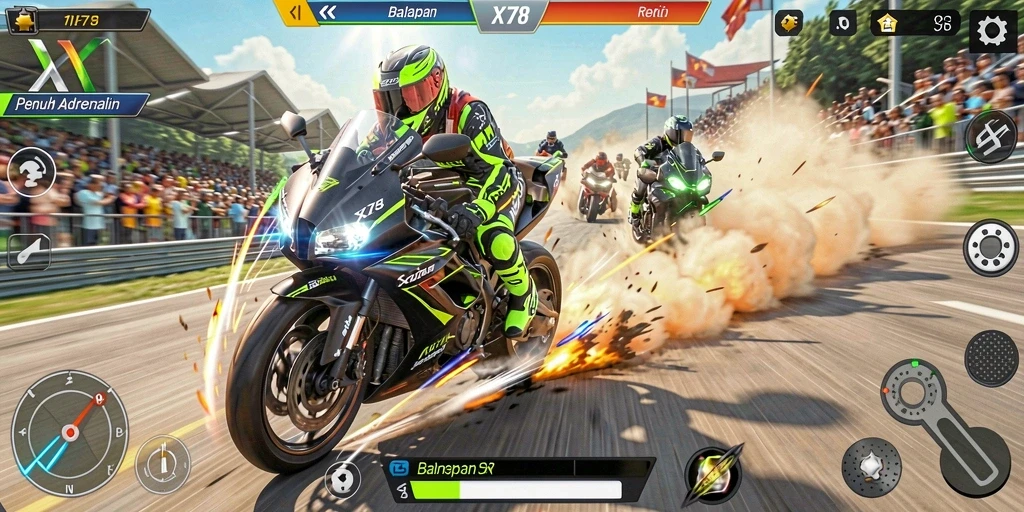 Screenshot menunjukkan aksi balapan motor yang seru dan menegangkan.